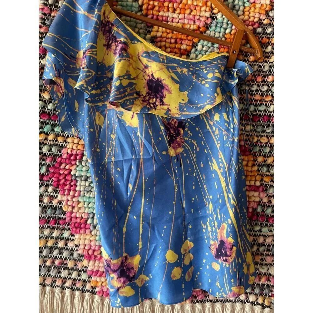 Elie Tahari Blue One-Shoulder Ruffle Camisole with Yellow & Purple Floral Splash